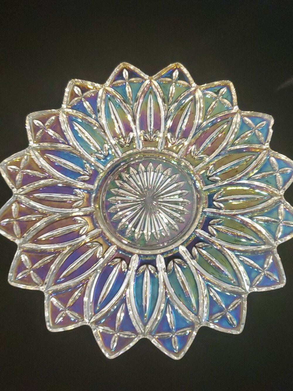 Vintage 1960s Star Flower Petal Federal Clear Iridescent Carnival Glass Plate